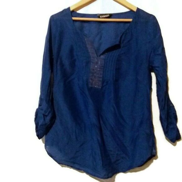 EXPRESS Blue Blouse Long Sleeve SILK BLEND - Picture 1 of 3